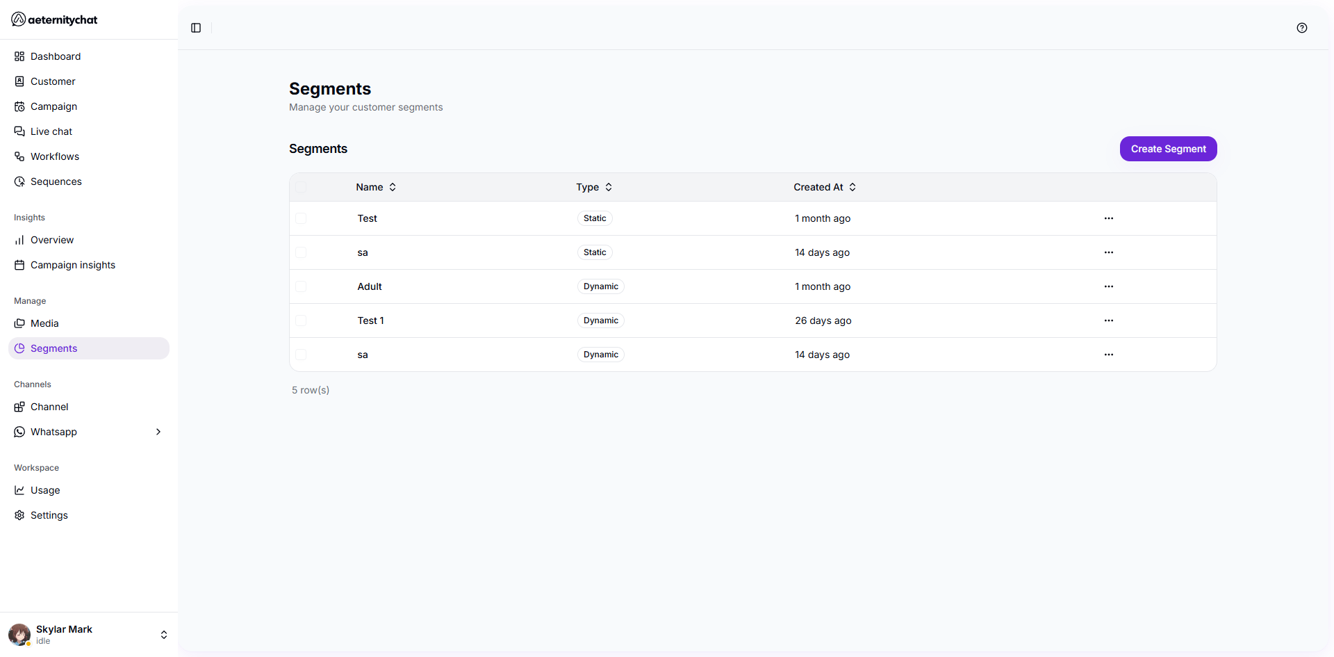 Segments page
