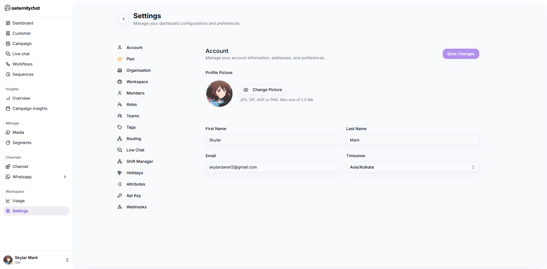 Settings page