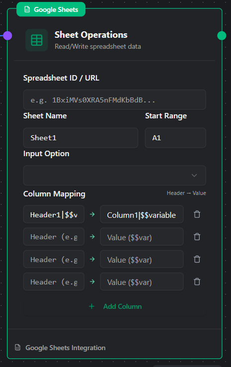 Google Sheets Node UI Configuration